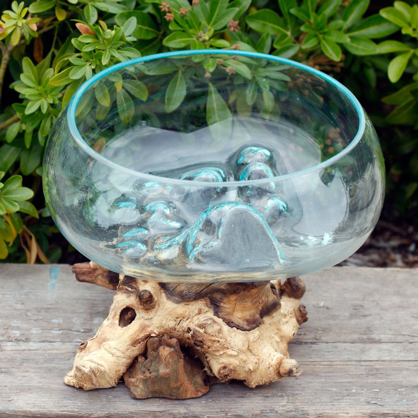 Open Large Bowl – Hand-Blown Molten Glass on Wood
