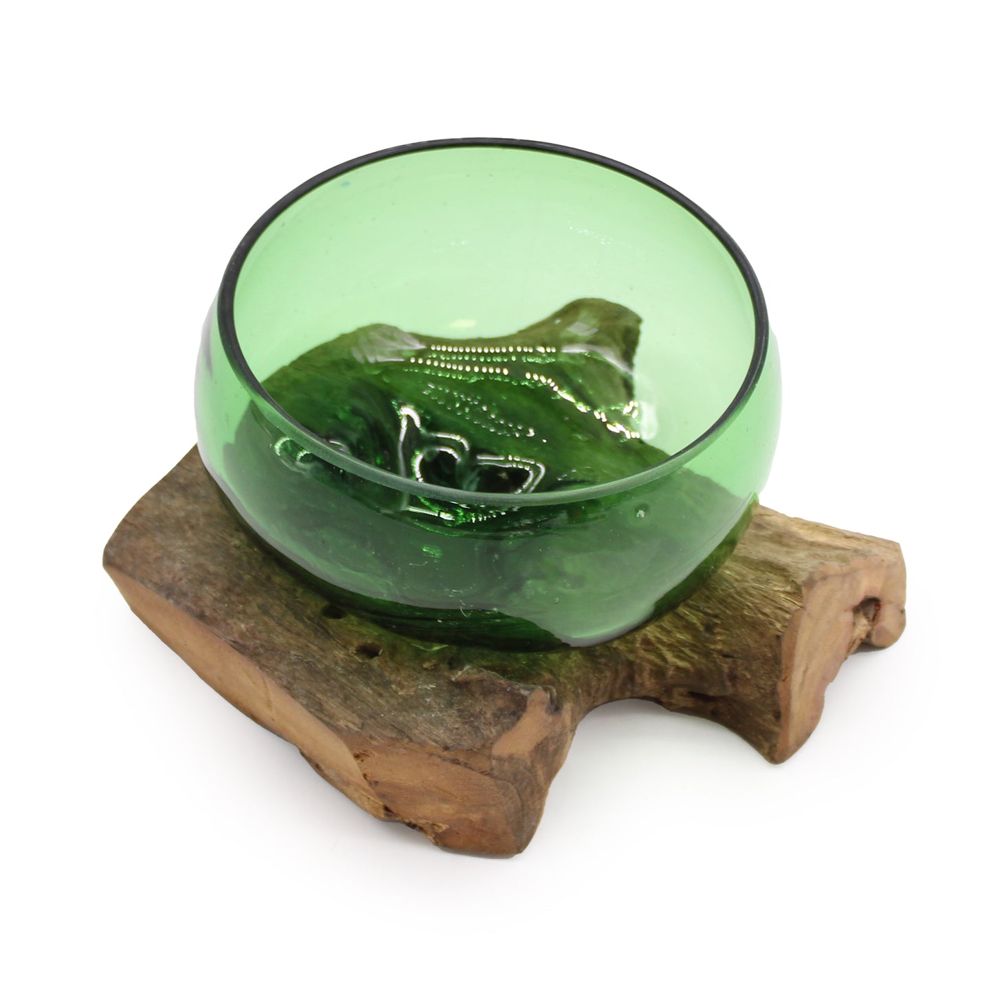 Wide Bowl on Wood – Hand-Blown from Recycled Beer Bottles