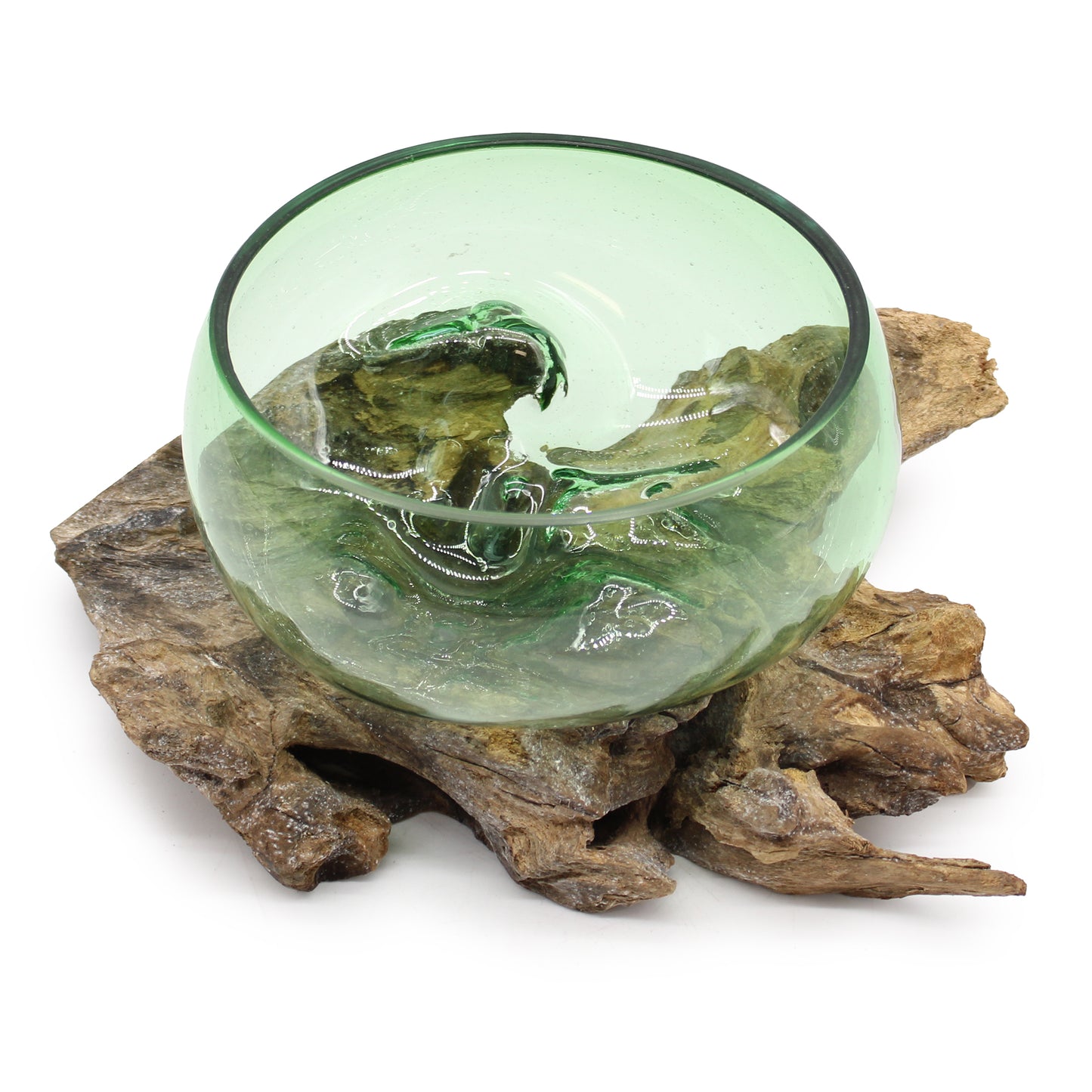 Large Wide Bowl on Wood – Hand-Blown from Recycled Beer Bottles