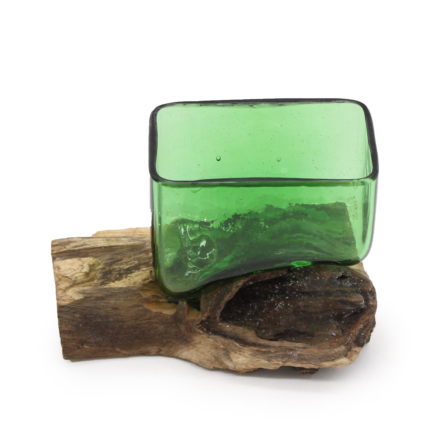 Square Bowl on Wood – Hand-Blown from Recycled Beer Bottles