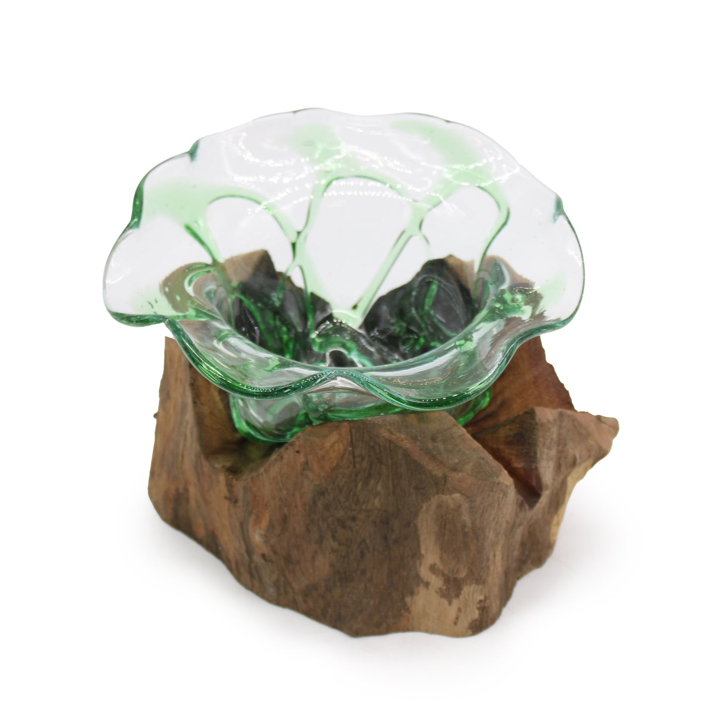 Elegant Bowl on Wood – Hand-Blown from Recycled Beer Bottles