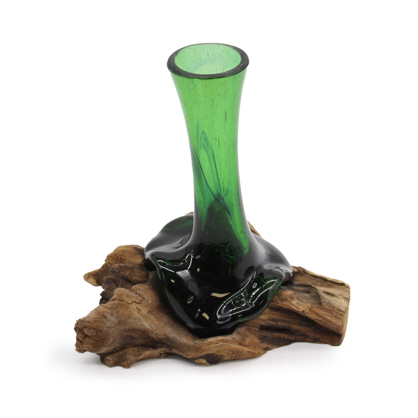 Flower Vase on Wood – Hand-Blown from Recycled Beer Bottles