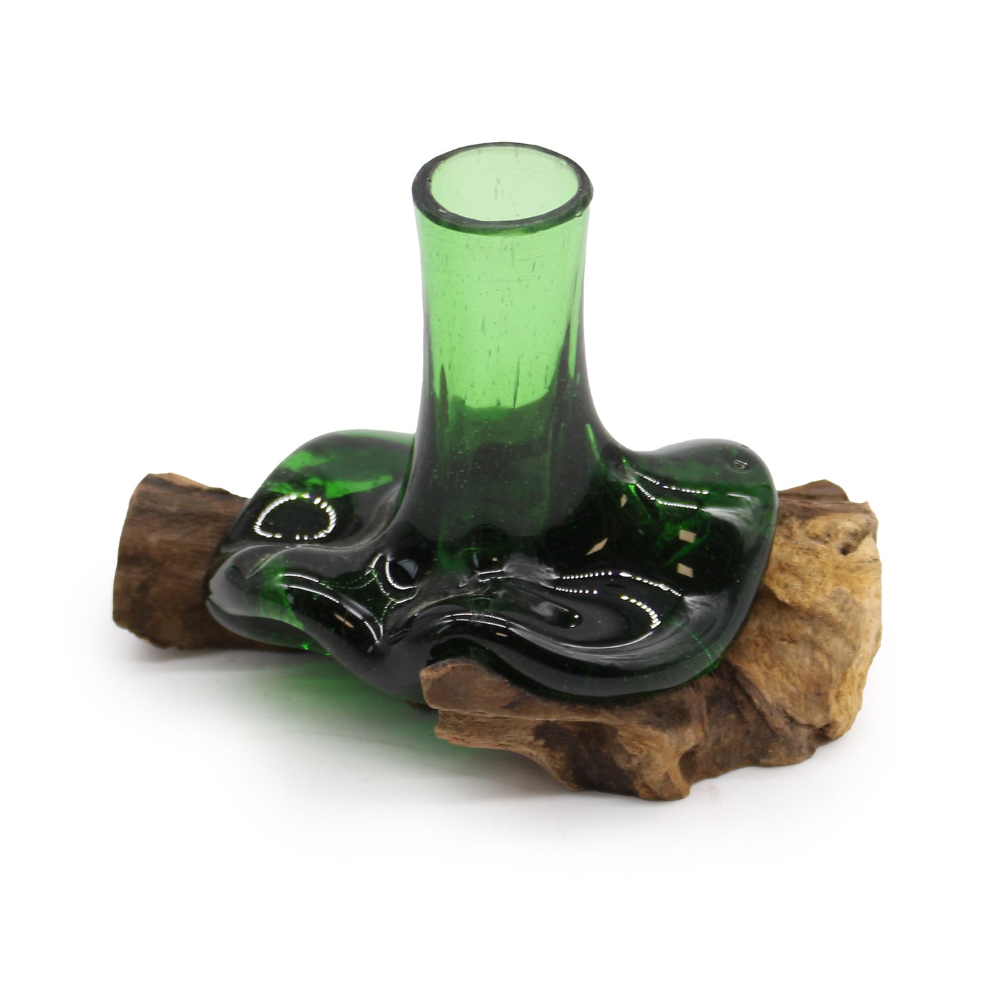 Mini Flower Vase on Wood – Hand-Blown from Recycled Beer Bottles