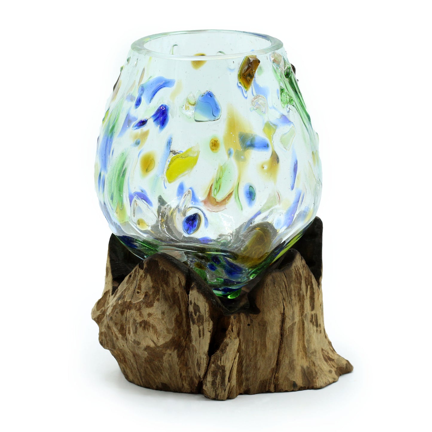 Medium Coloured Bowl – Hand-Blown Molten Glass on Wood