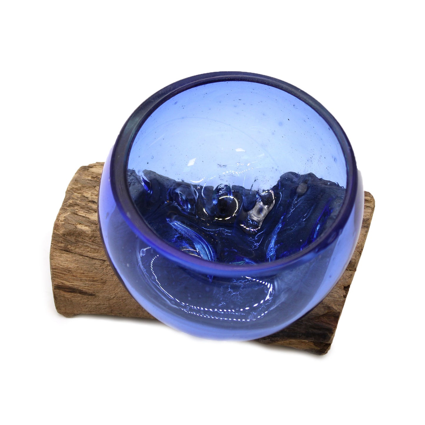 Mini Blue Bowl – Hand-Blown Molten Glass on Wood