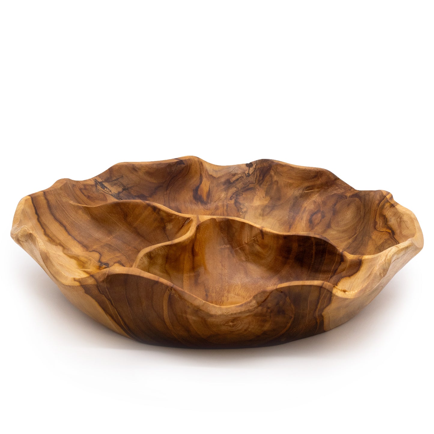 Smooth Round Teakwood Fruit Bowl Three Sections