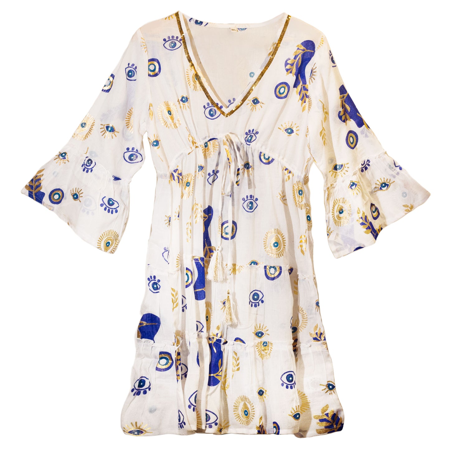 Nomad Sari Dress - White, Blue & Gold Evil Eye