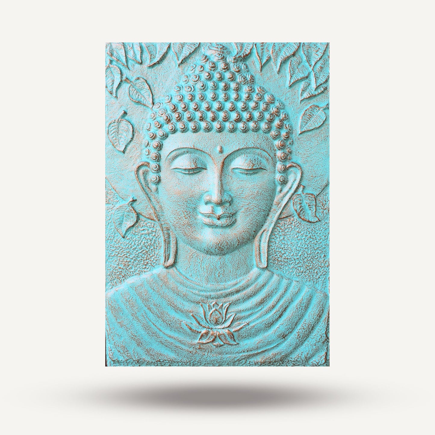Großer Buddha-Eisenrahmen mit Türkisrelief – 0,7 x 1 m