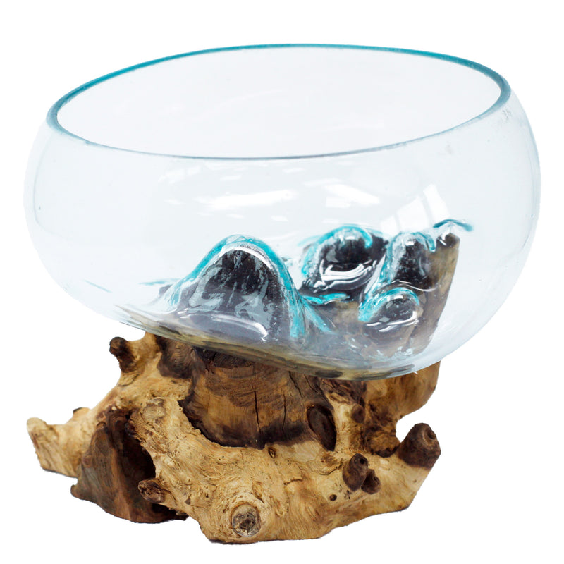 Open Large Bowl – Hand-Blown Molten Glass on Wood