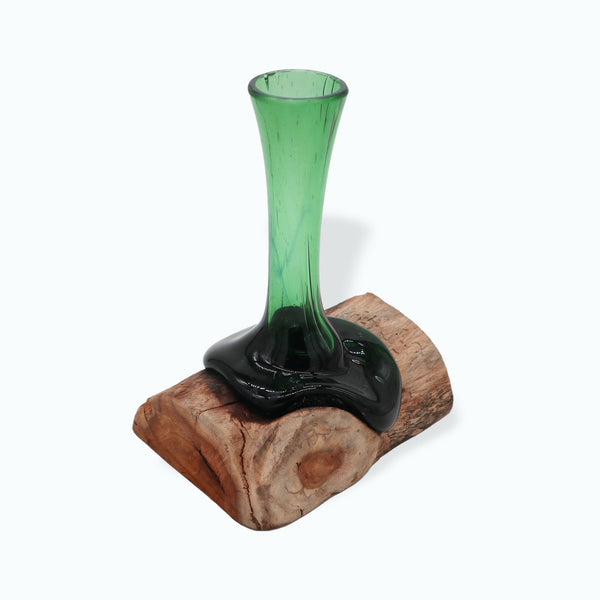 Flower Vase on Wood – Hand-Blown from Recycled Beer Bottles