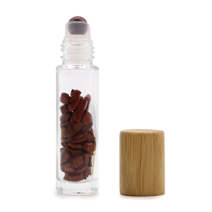 Gemstone Essential Oil Roller Bottle - Red Jasper  - Wooden Cap