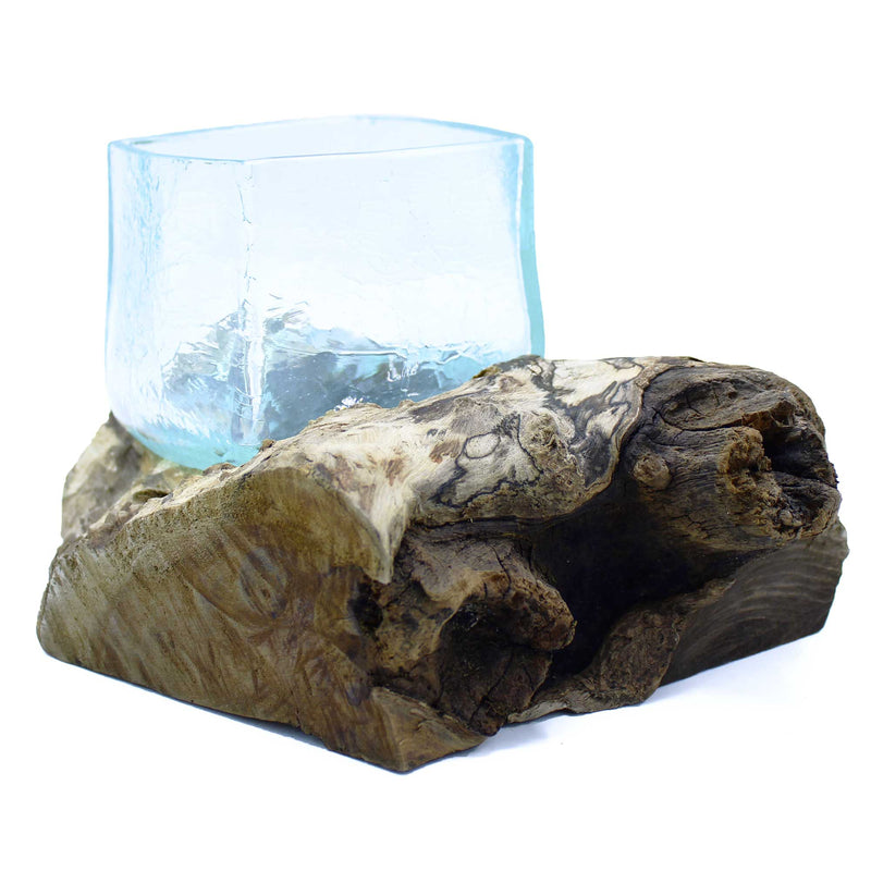 Crackled Glass Bowl – Hand-Blown Molten Glass on Wood