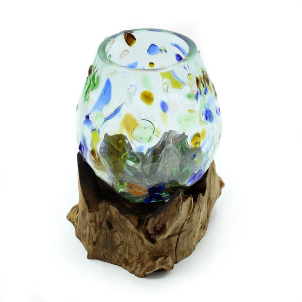 Medium Coloured Bowl – Hand-Blown Molten Glass on Wood