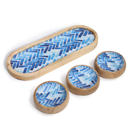 Mango Wood Tray with 3 Bowls - Blue Stripes