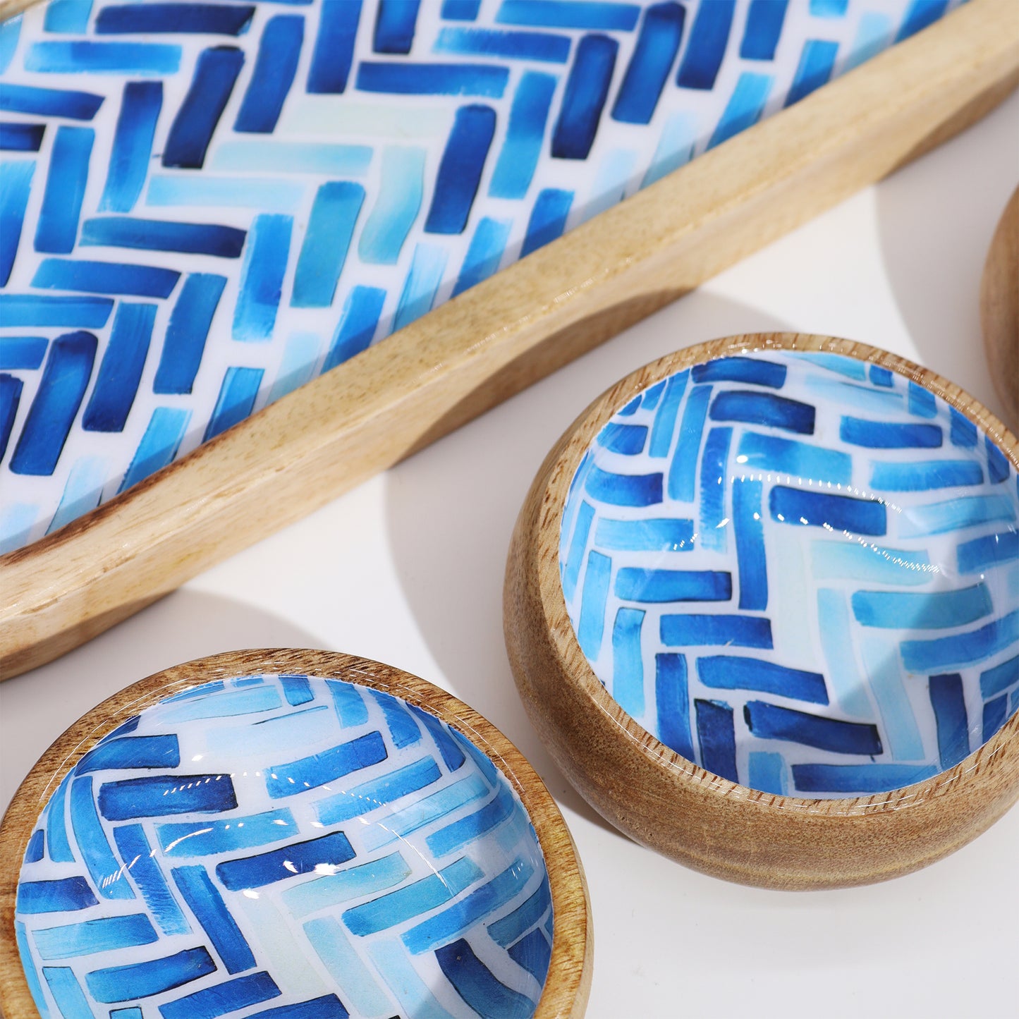 Mango Wood Tray with 3 Bowls - Blue Stripes