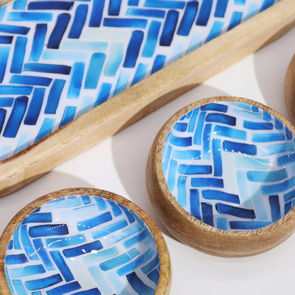 Mango Wood Tray with 3 Bowls - Blue Stripes