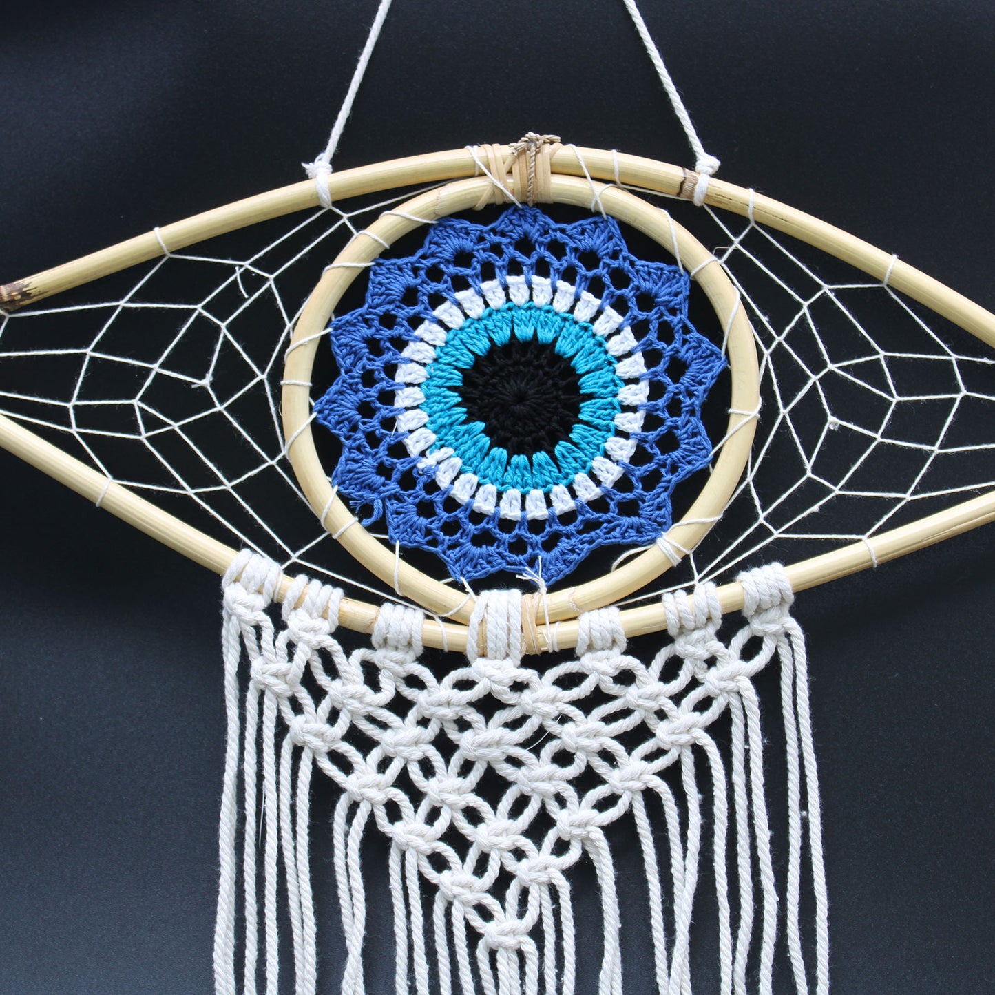 Protection Dream Cather - Med Macrame Evil Eye Blue/White/Black