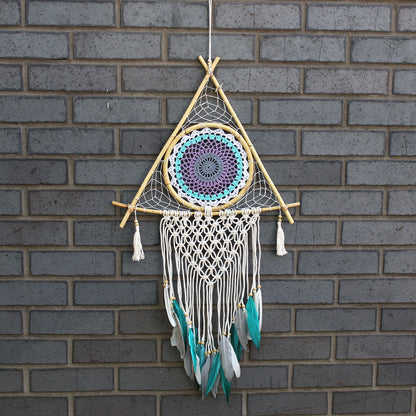 Protection Dream Cather - Lrg Macrame Pyramid White/Turquoise