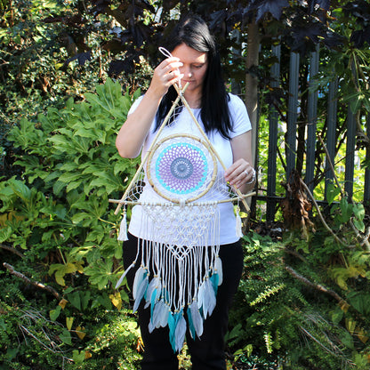 Protection Dream Cather - Lrg Macrame Pyramid White/Turquoise