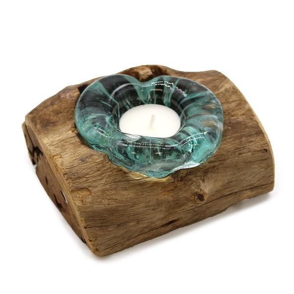 Single Candle Holder – Hand-Blown Molten Glass on Wood