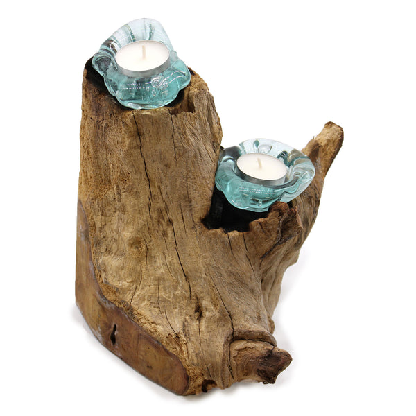 Double Candle Holder – Hand-Blown Molten Glass on Wood