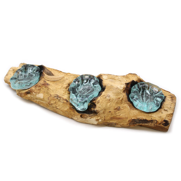 Flat Triple Candle Holder – Hand-Blown Molten Glass on Wood