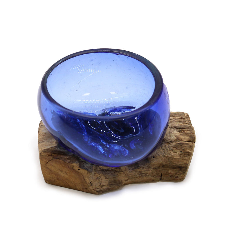 Mini Blue Bowl – Hand-Blown Molten Glass on Wood