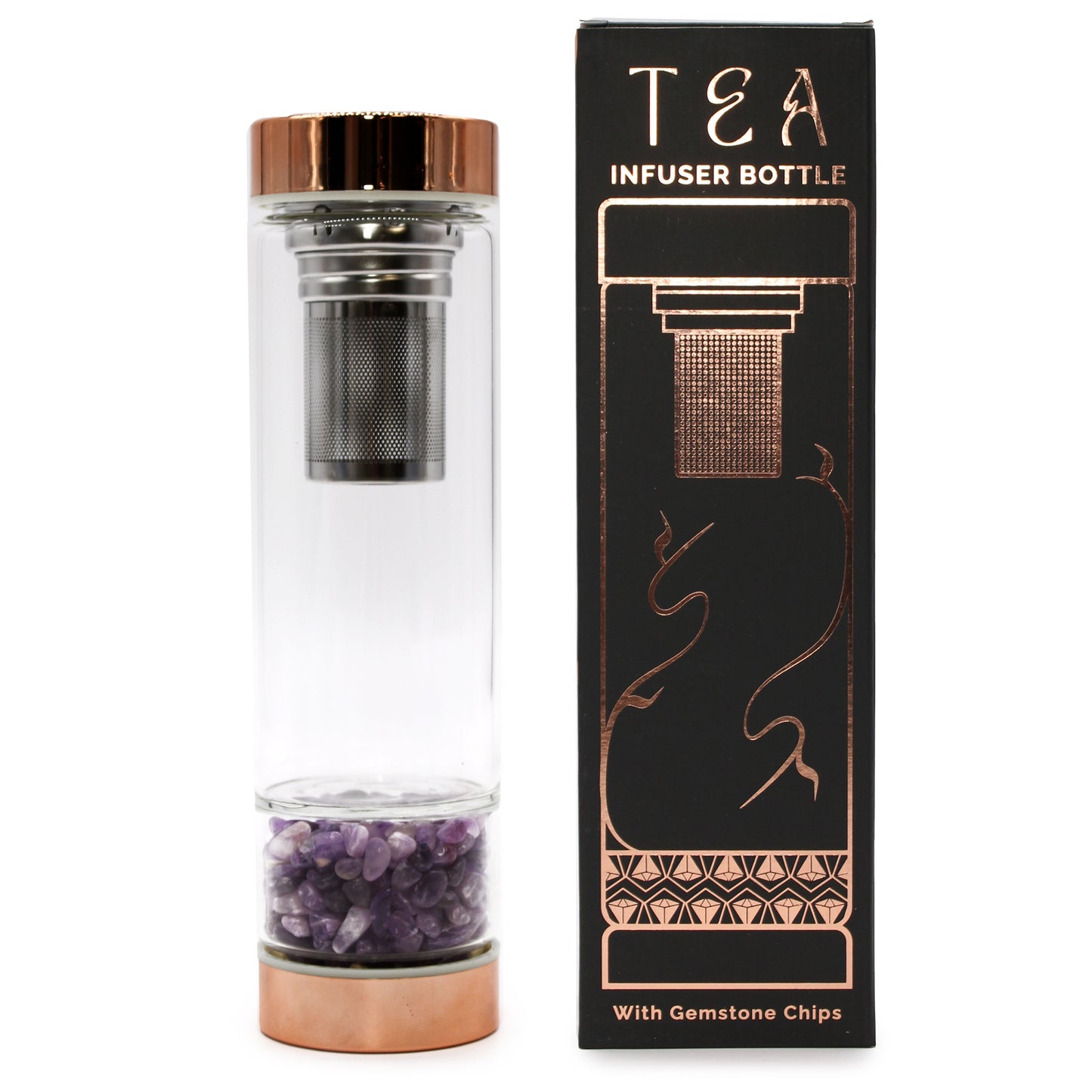 Crystal Glass Tea Infuser Bottle - Rose Gold - Amethyst