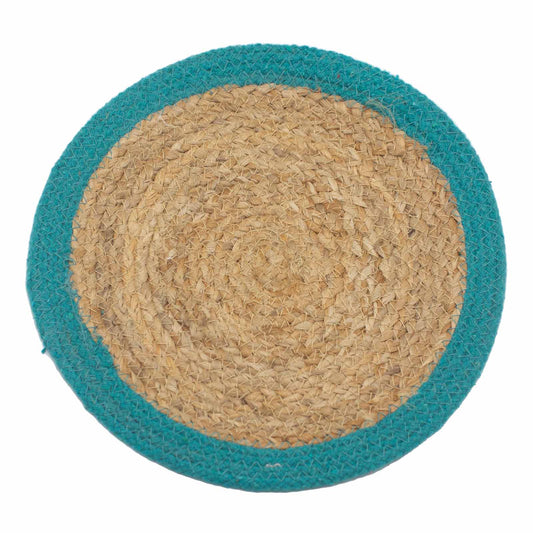 Natural Place Mat - Jute & Cotton 30cm - Teal Boarder