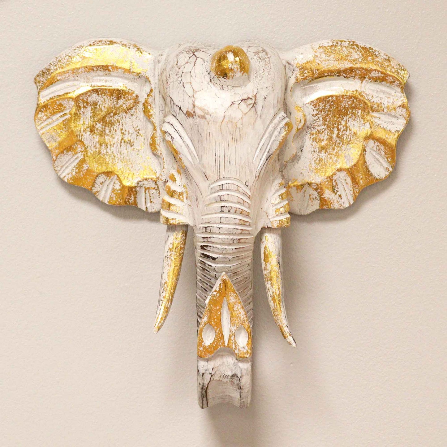 Large Elephant Head - Gold & Whitewash