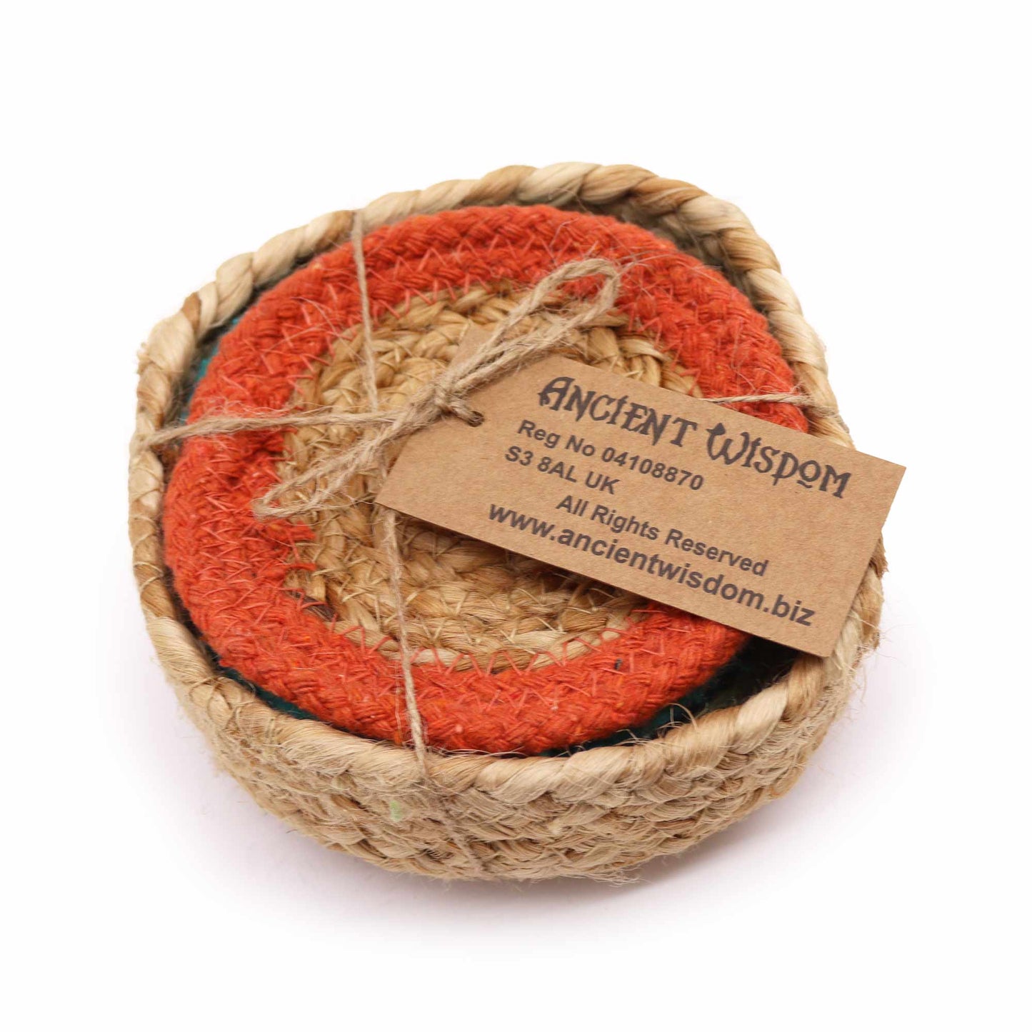 Natural Coaster - Jute & Cotton 10cm  (set of 6) Mixed colours in basket