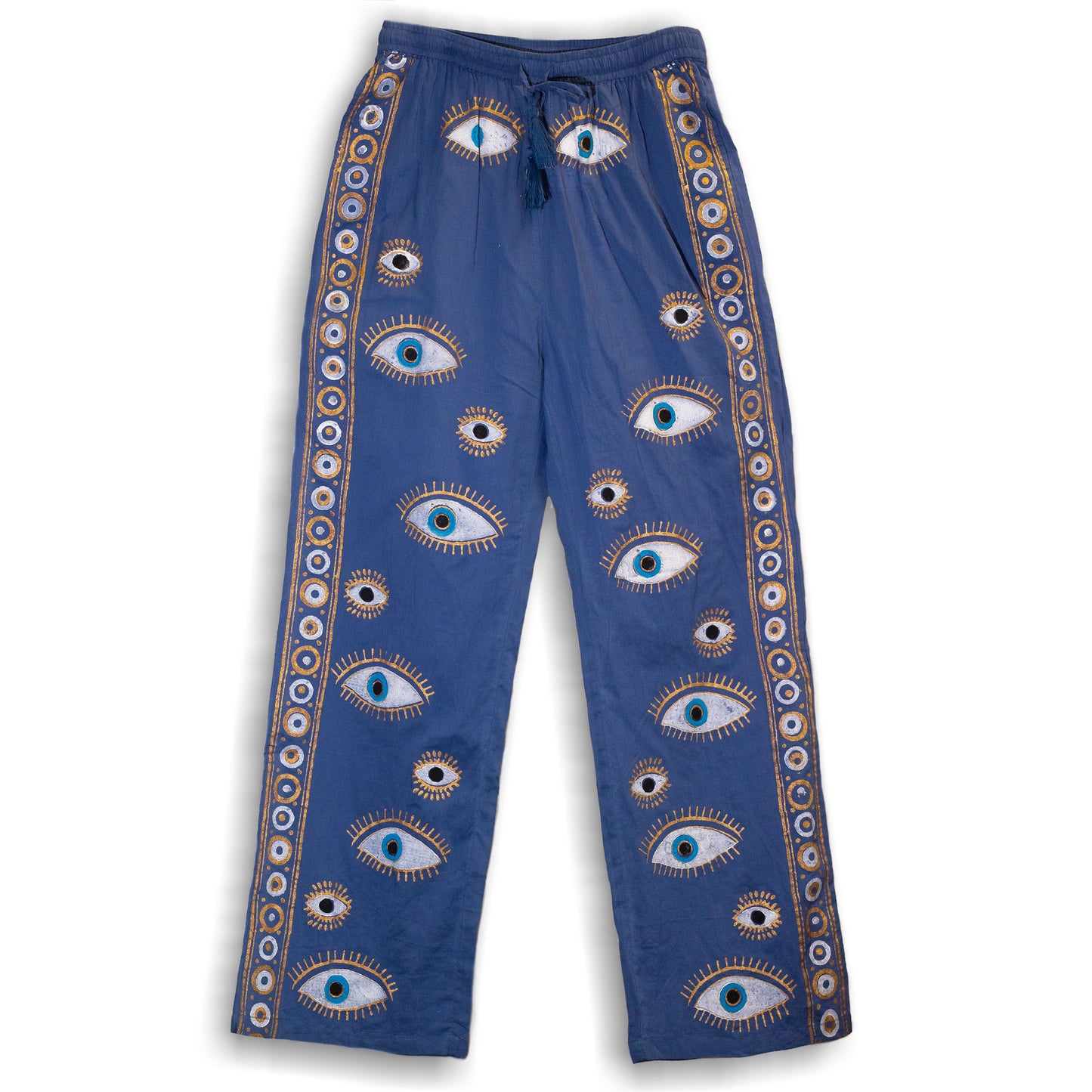 Nomad Sari Lounge Pants - Blue & Gold Hand Painted Evil Eye