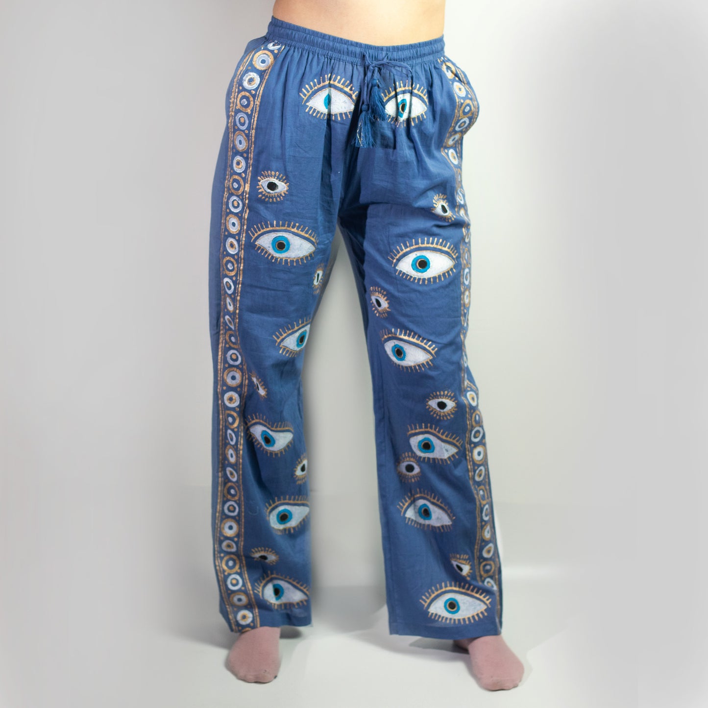 Nomad Sari Lounge Pants - Blue & Gold Hand Painted Evil Eye
