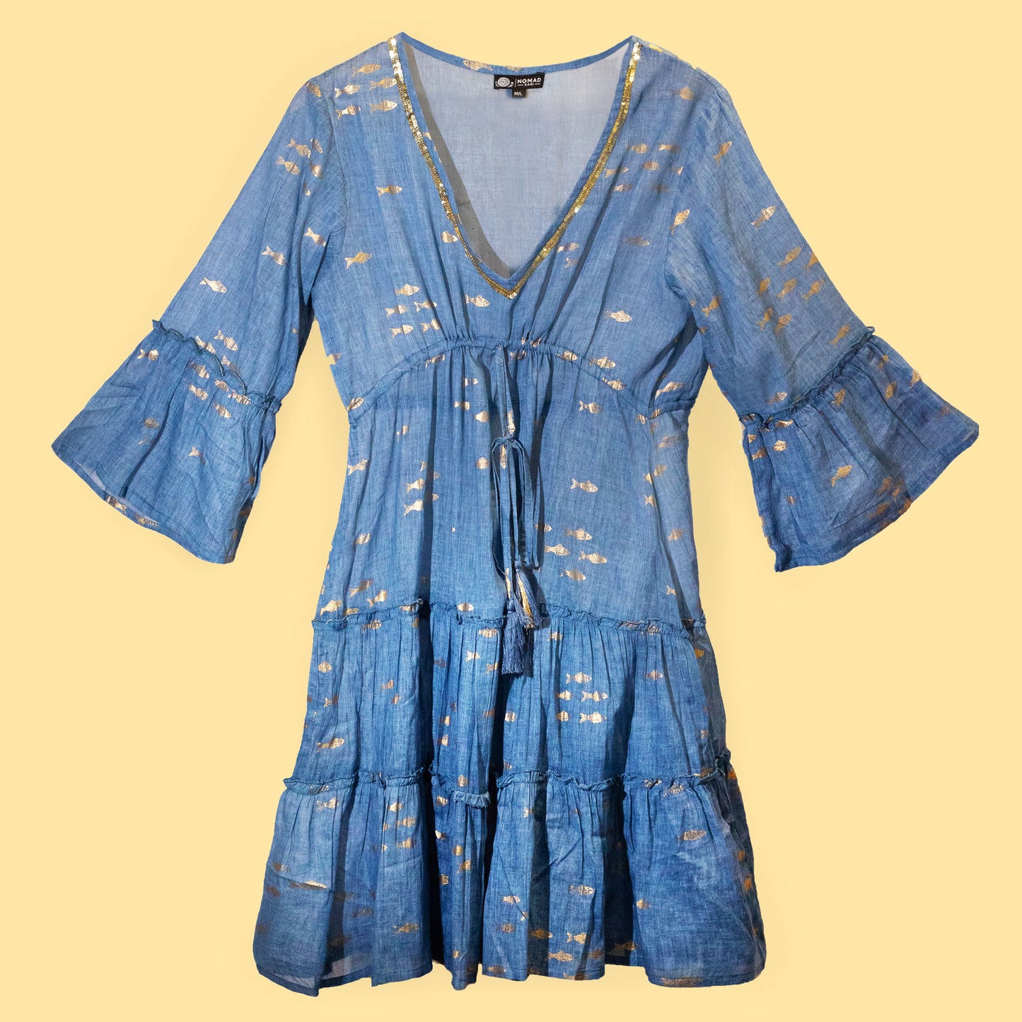 Nomad Sari Dress - Sea Blue & Gold Fish