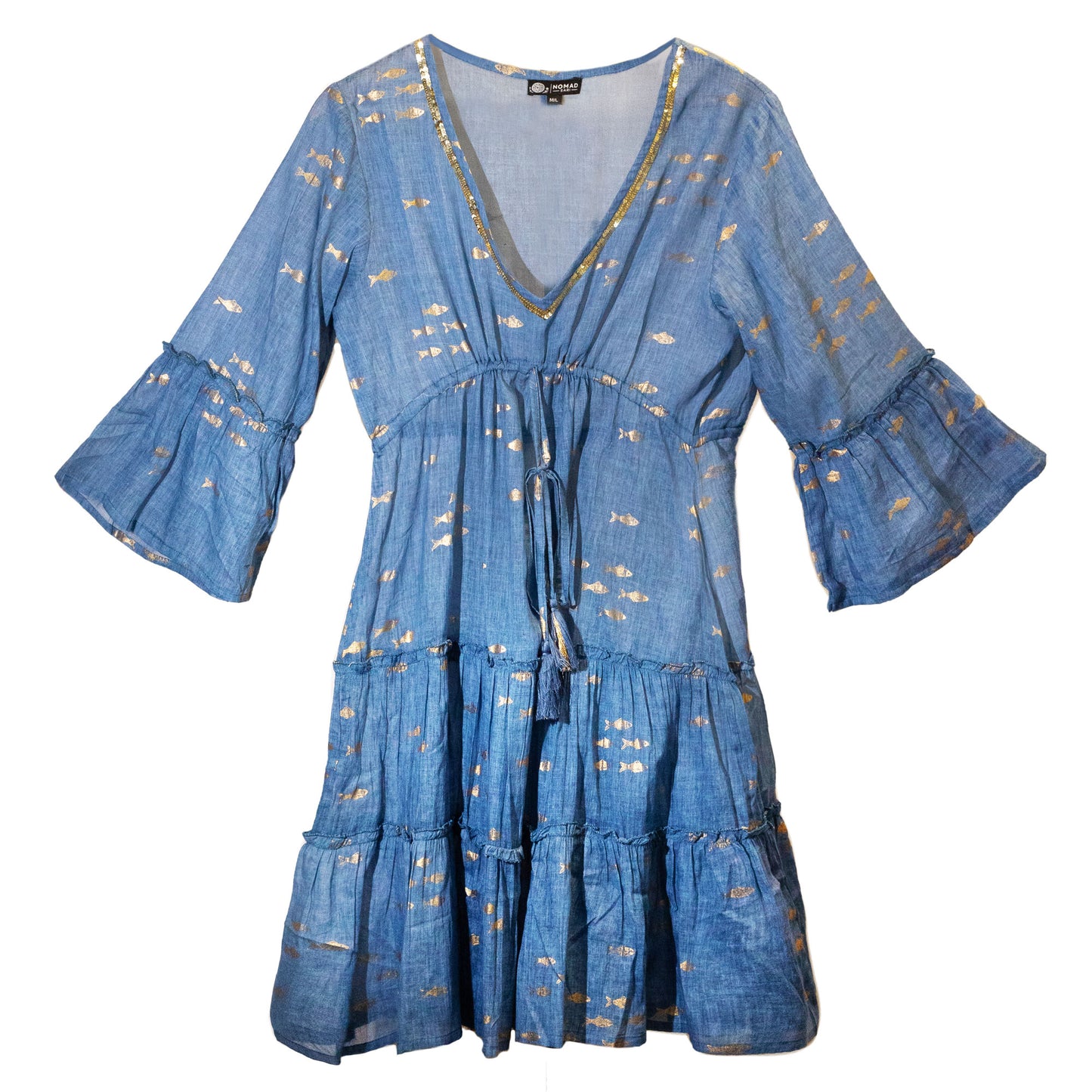 Nomad Sari Dress - Sea Blue & Gold Fish