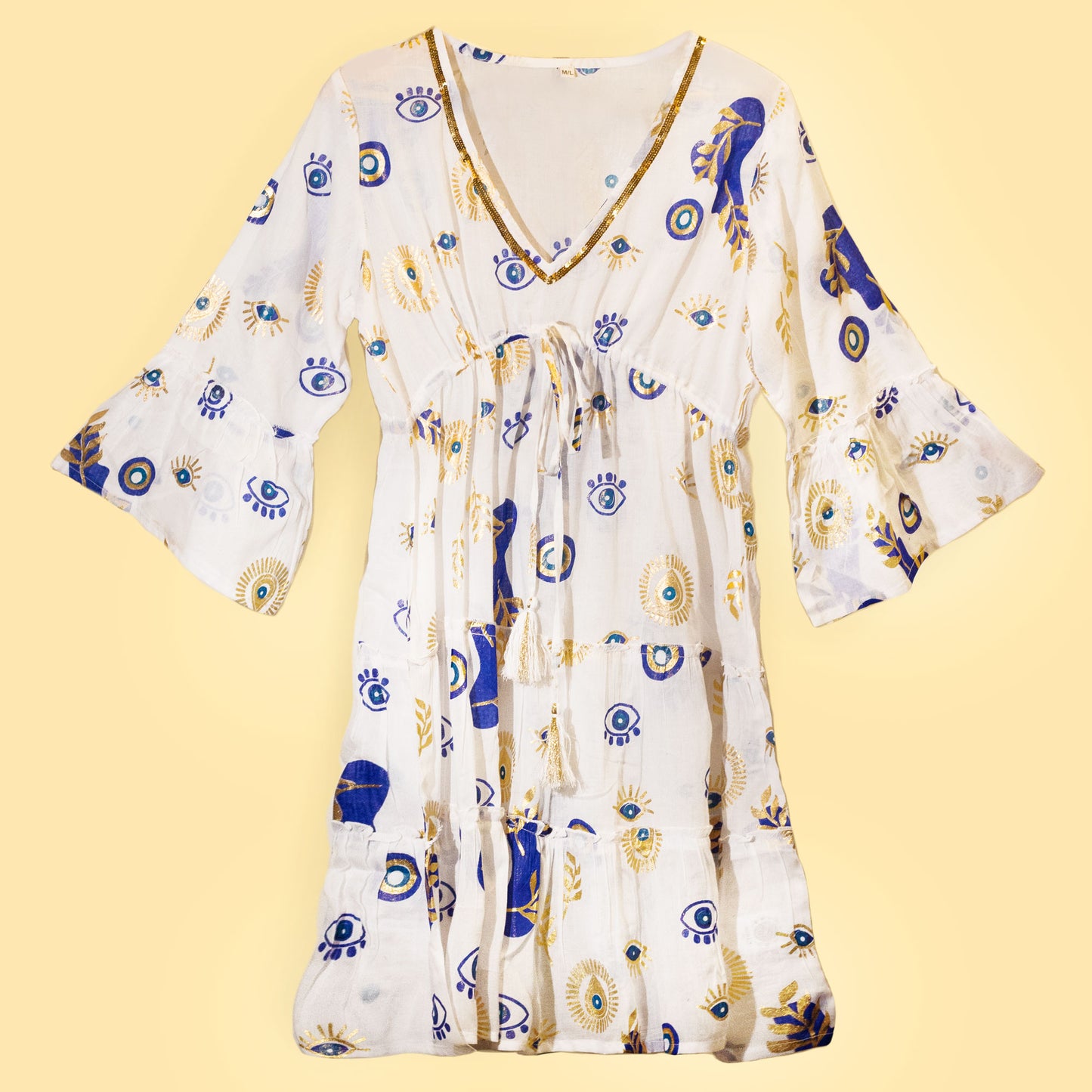 Nomad Sari Dress - White, Blue & Gold Evil Eye