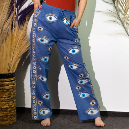 Nomad Sari Lounge Pants - Blue & Gold Hand Painted Evil Eye