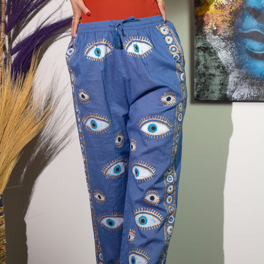 Nomad Sari Lounge Pants - Blue & Gold Hand Painted Evil Eye