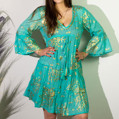 Nomad Sari Dress - Turquoise & Gold Coral