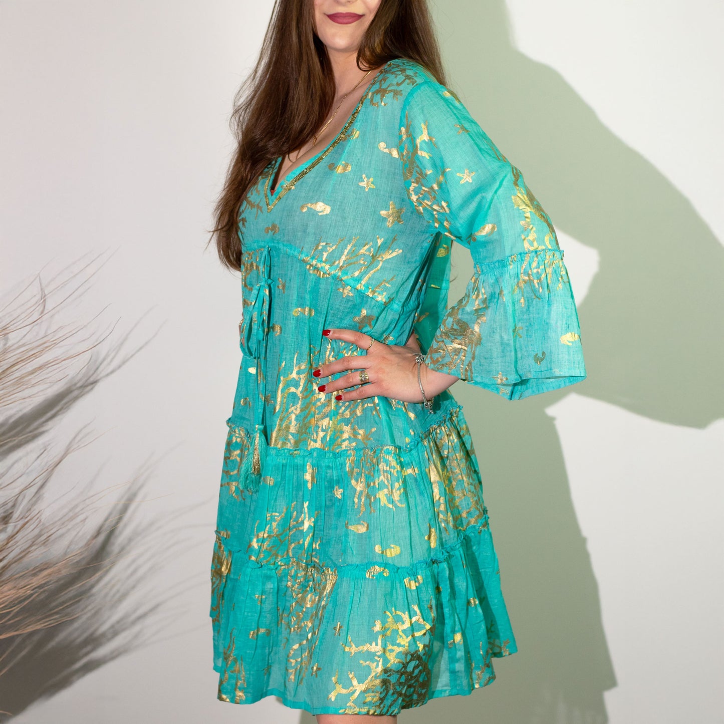 Nomad Sari Dress - Turquoise & Gold Coral
