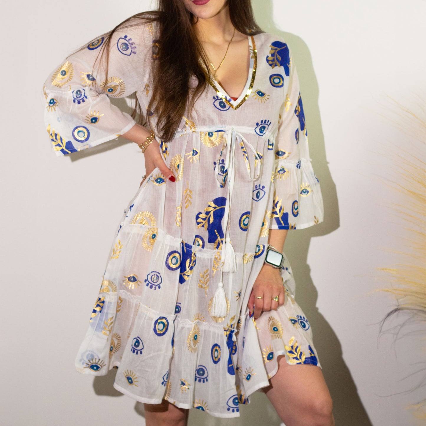 Nomad Sari Dress - White, Blue & Gold Evil Eye