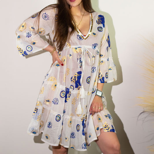 Nomad Sari Dress - White, Blue & Gold Evil Eye