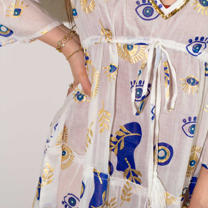 Nomad Sari Dress - White, Blue & Gold Evil Eye