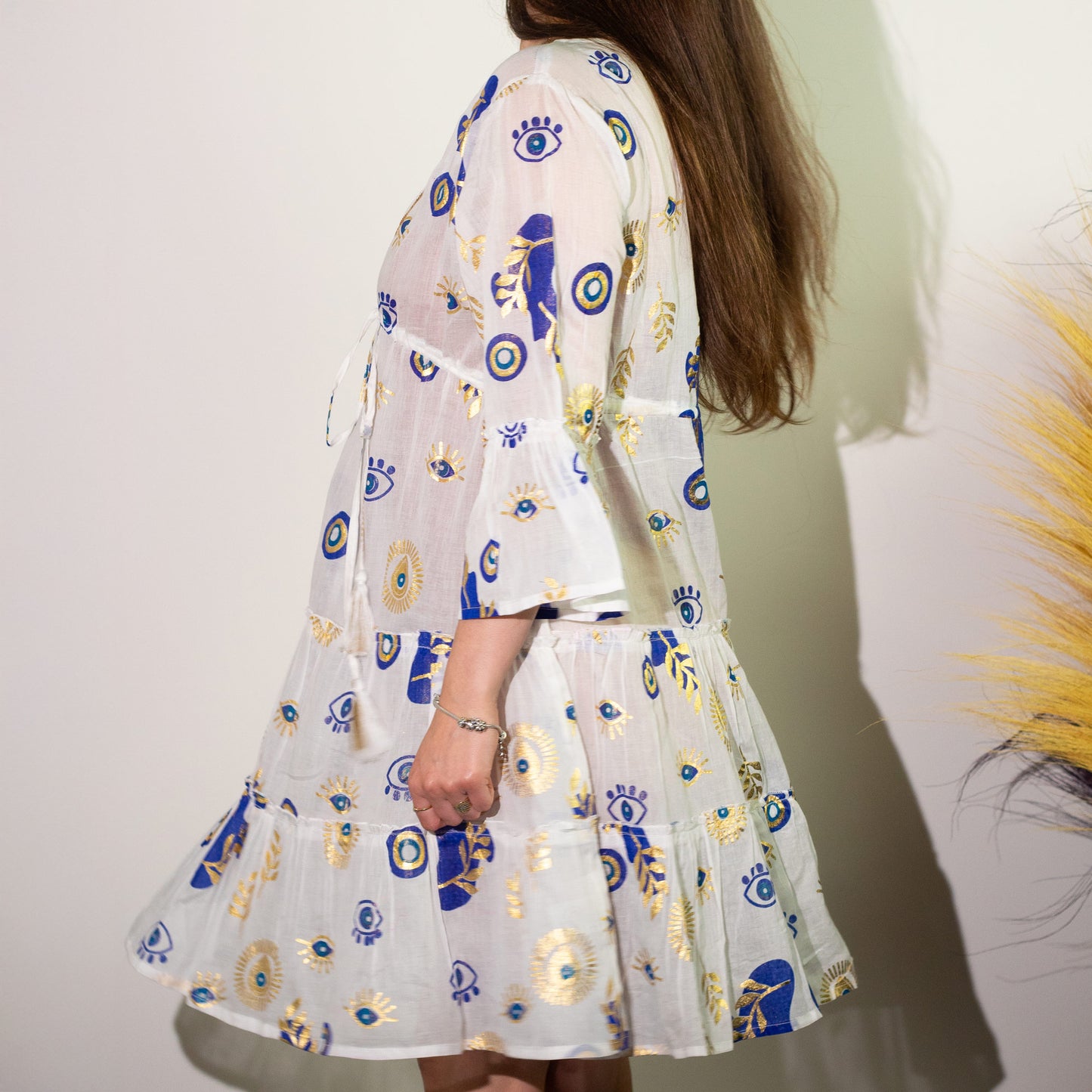 Nomad Sari Dress - White, Blue & Gold Evil Eye
