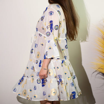 Nomad Sari Dress - White, Blue & Gold Evil Eye