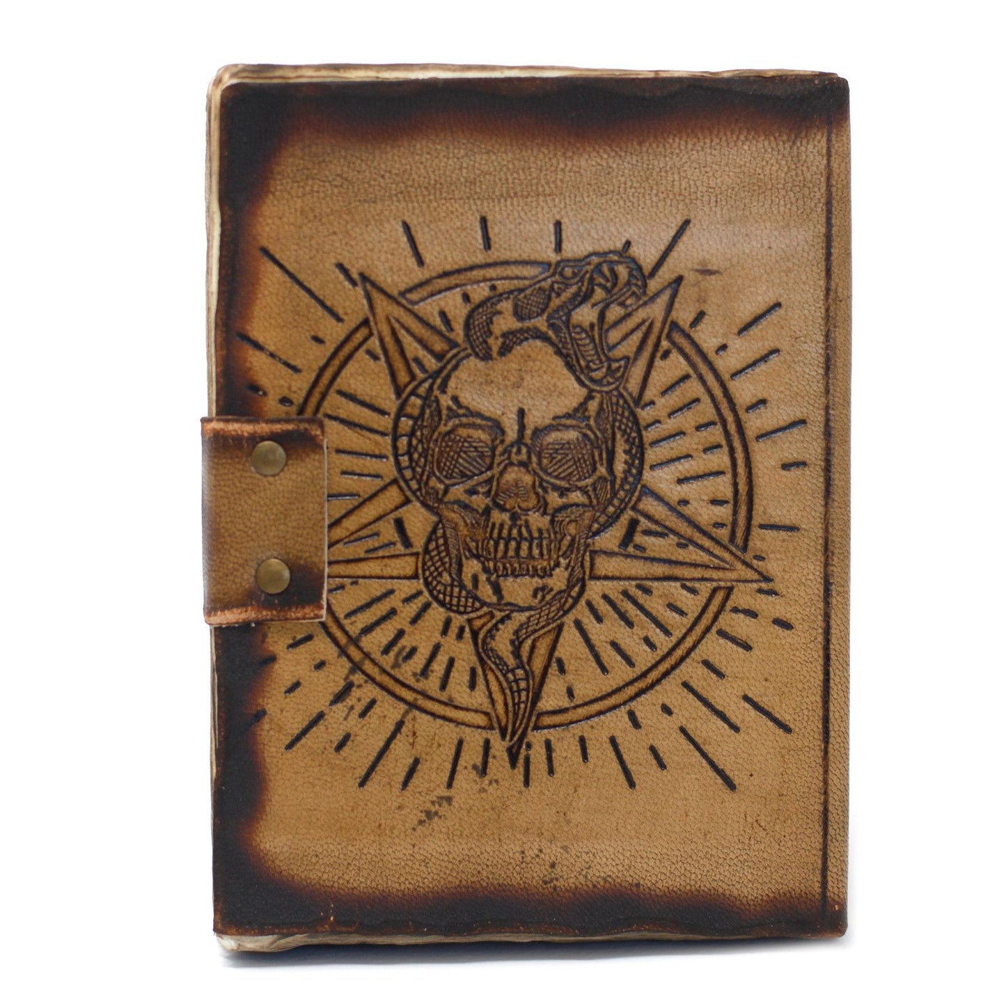 Notizbuch aus Leder mit Pentagon- und Totenkopfmotiv und Brandnarbenmuster (18x13 cm)