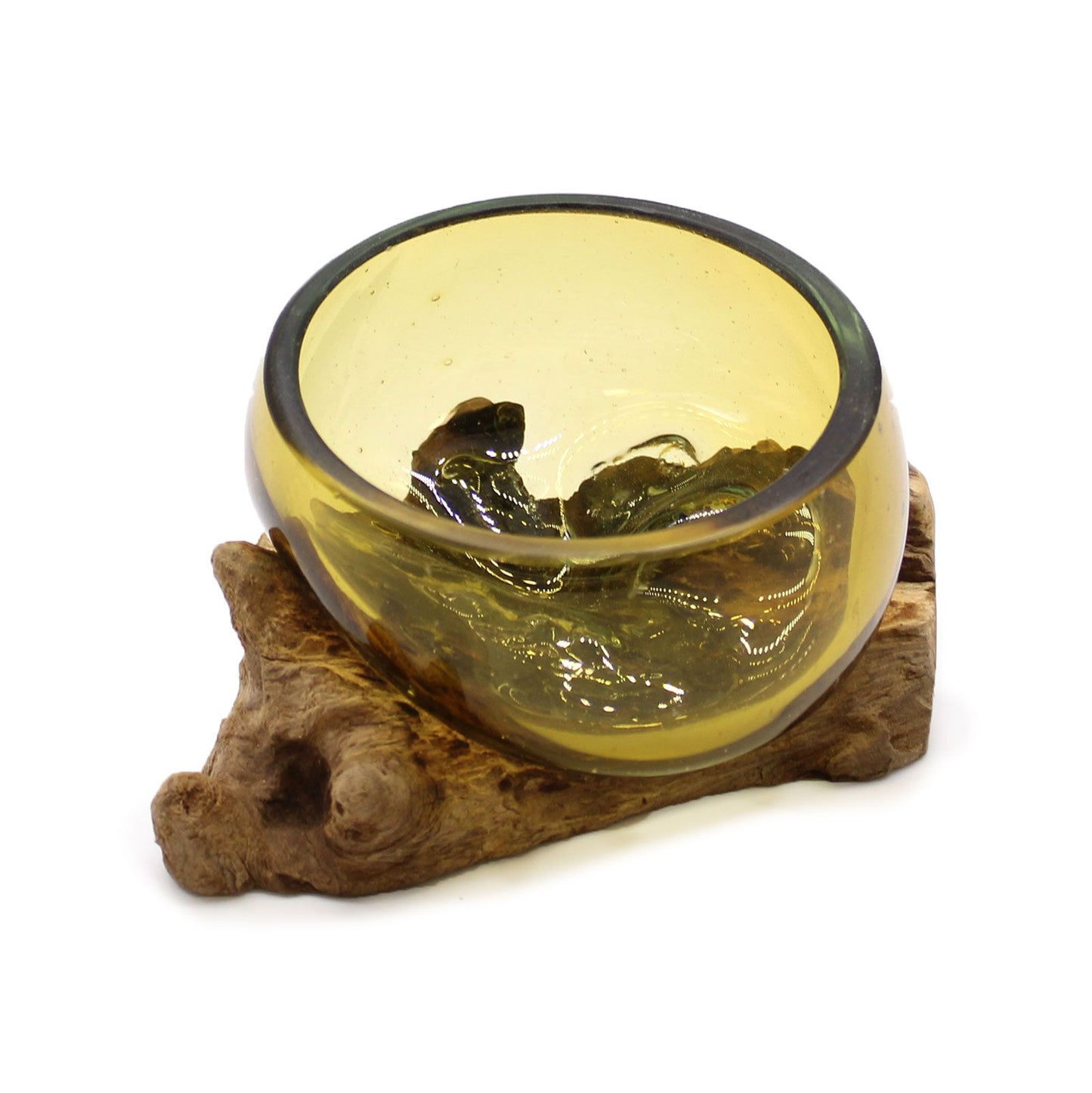 Mini Amber Bowl – Hand-Blown Molten Glass on Wood
