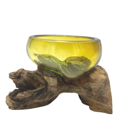Mini Amber Bowl – Hand-Blown Molten Glass on Wood
