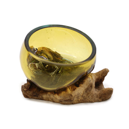 Mini Amber Bowl – Hand-Blown Molten Glass on Wood