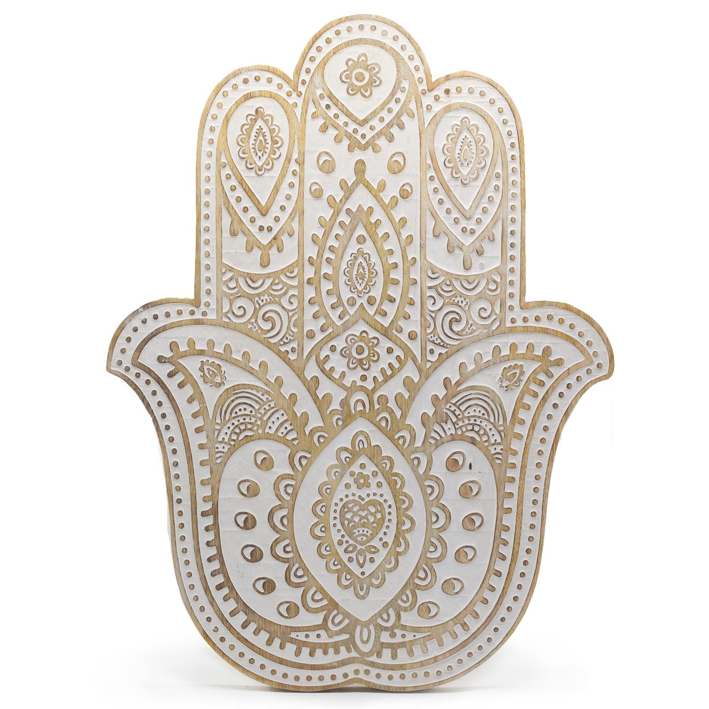 Hamsa-Wandplakette aus Mangoholz – weiß getüncht, 52 cm